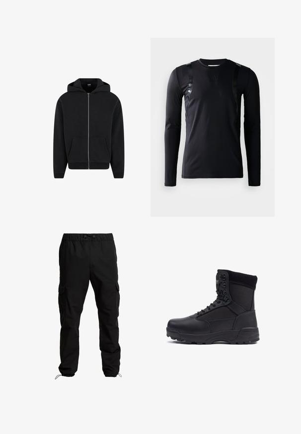 Hoodie zippé noir en tissu doux, avec capuche, poches avant et poignets et ourlet côtelés. Design simple sans motifs.; T-shirt de sport à manches longues noir en tissu lisse et extensible. Présente des accents noirs brillants sur les épaules et un logo Adidas sur la poitrine.; Pantalons cargo noirs en tissu durable, dotés d'une taille élastique, de cordons de serrage ajustables et de poches latérales avec fermetures à rabat.; Botte tactique noire avec une tige en cuir lisse et des panneaux en tissu, design montante, fermeture à lacets à l'avant et semelle en caoutchouc robuste.