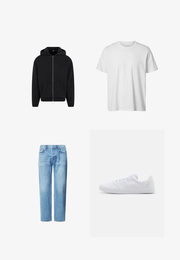Schwarzer Reißverschluss-Hoodie aus weichem Stoff, mit Kapuze, frontalen Taschen und gerippten Bündchen sowie Saum. Einfaches Design ohne Muster.; Schlichtes weißes T-Shirt mit kurzen Ärmeln und Rundhalsausschnitt, lässiger Passform und ohne sichtbare Logos oder Designs auf der Vorderseite.; Helle blaue Denim-Jeans mit geradem Schnitt, fünf Taschen und klassischem Knopf- und Reißverschluss. Dezente, verblichene Textur im gesamten Stoff.; Weiße Leinenschuhe mit Gummisohle, ausgestattet mit sechs Ösen, einer strukturierten Zehenkappe und minimalistischer Gestaltung.