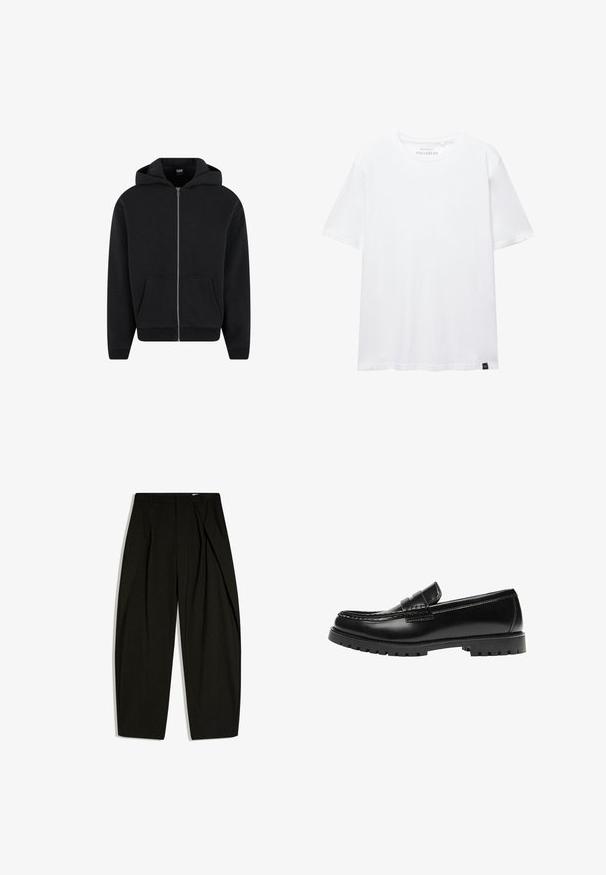 Hoodie zippé noir en tissu doux, avec capuche, poches avant et poignets et ourlet côtelés. Design simple sans motifs.; T-shirt blanc à manches courtes coupe droite avec encolure ronde et petite étiquette en tissu noire en bas de l'ourlet.; Pantalon noir taille haute ajusté avec de fines rayures verticales et un pli avant, présenté à plat sur un fond blanc.; Mocassin en cuir noir avec une semelle en caoutchouc épaisse et un détail classique de bride à monnaie, vu de côté extérieur.