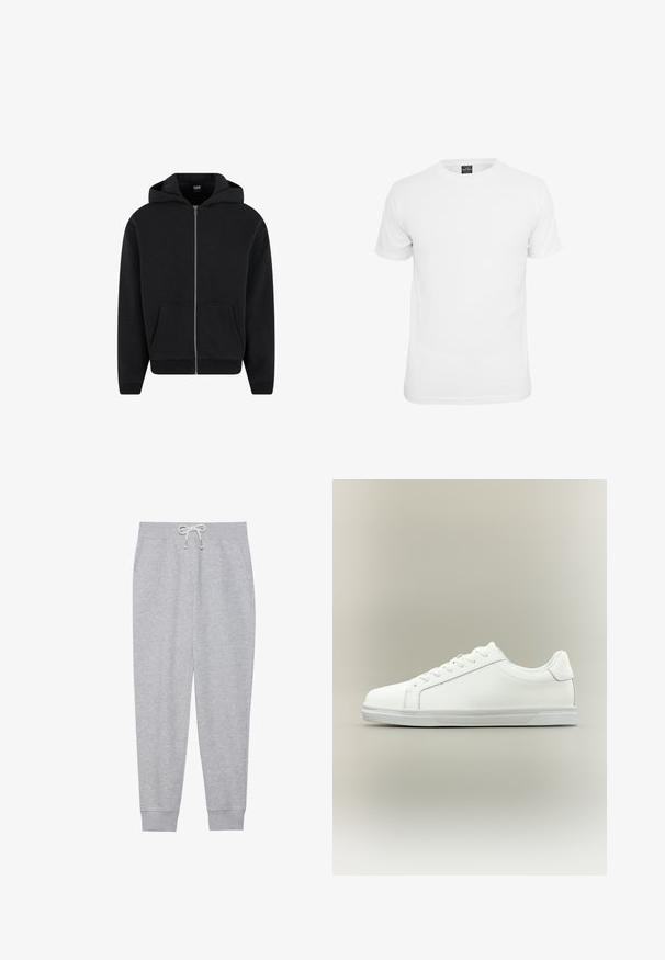 Hoodie zippé noir en tissu doux, avec capuche, poches avant et poignets et ourlet côtelés. Design simple sans motifs.; T-shirt blanche à manches courtes, en coton, avec un col rond et une texture lisse, conçue pour un usage décontracté.; Un pantalon de survêtement gris en tissu doux, avec une taille élastique dotée d'un cordon de serrage, des poches latérales et des poignets côtelés aux chevilles.; Baskets blanches basses à lacets sur l'avant avec semelle en caoutchouc texturée, sur fond neutre uni.