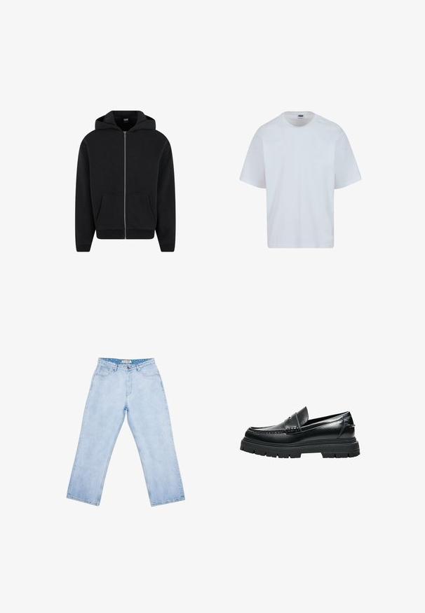 Hoodie zippé noir en tissu doux, avec capuche, poches avant et poignets et ourlet côtelés. Design simple sans motifs.; T-shirt en coton blanc avec un col rond, des manches courtes et une coupe droite. Présente des détails de couture subtils sur les épaules.; Jean taille haute bleu clair à jambes droites avec poches avant, passants pour ceinture, fermeture par bouton et étiquette intérieure de marque à la taille.; Mocassin en cuir noir avec semelle épaisse à crampons et détail de bride penny, vu de profil sur fond blanc.