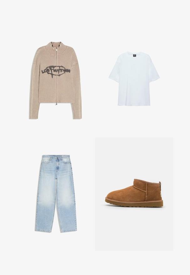 Pull en maille côtelée beige avec fermeture éclair, col montant et graphisme noir "Lost Within" centré à l'avant.; T-shirt blanc uni oversize à manches courtes avec col rond et étiquette noire à l'intérieur du col sur fond blanc.; Jeans bleu clair taille haute à jambes droites avec poches avant, fermeture par bouton, et détails délavés sur les cuisses et les genoux.; Bottine en suède beige avec un bout rond, des détails de couture subtils et une semelle en caoutchouc texturée. Hauteur courte sans lacets.