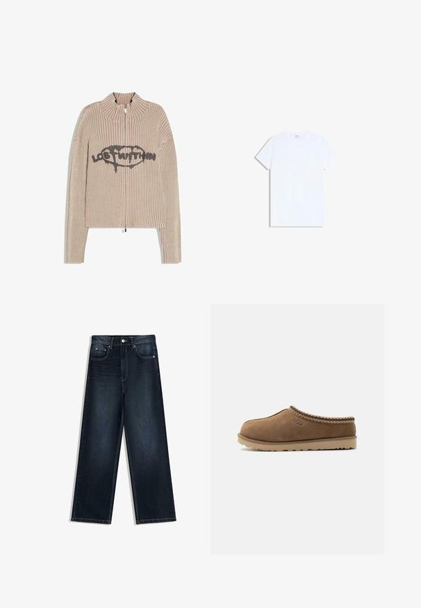 Pull en maille côtelée beige avec fermeture éclair, col montant et graphisme noir "Lost Within" centré à l'avant.; T-shirt blanc uni à manches courtes avec col rond, posé à plat sur un fond blanc.; Jean en denim foncé à jambes larges avec une texture lisse, doté d'une fermeture à boutons sur le devant, de cinq poches et de détails de couture contrastants.; Chausson en daim marron à enfiler avec finition tressée et semelle texturée, avec logo UGG sur le côté.