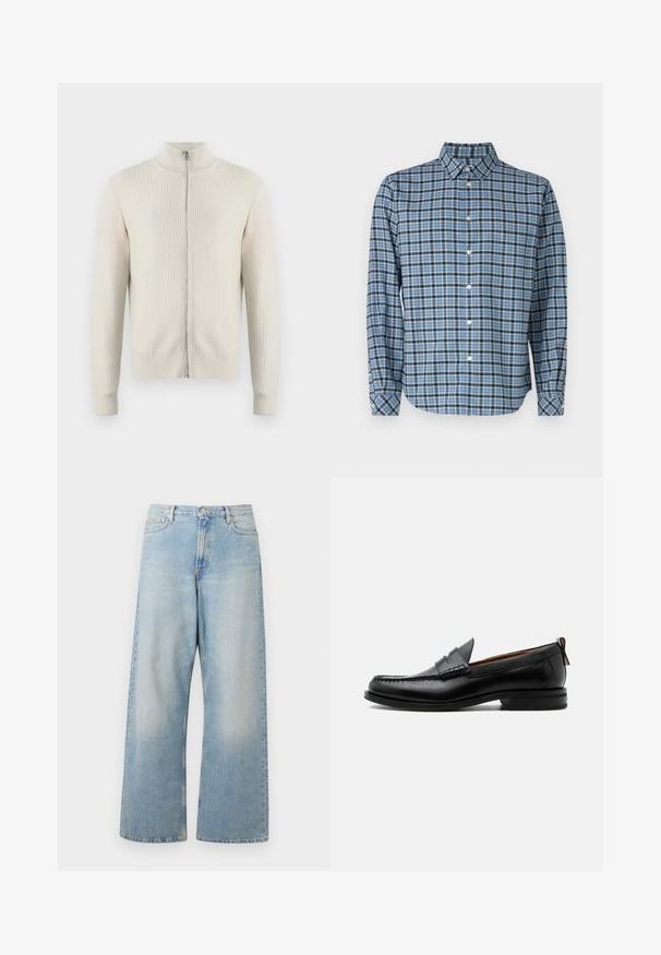 Samsøe Samsøe ADEM ZIP - Gilet - off white; Chemise boutonnée en coton tissé, motif tartan bleu et noir, à manches longues, avec col, boutons blancs et poignets ajustables.; Jeans larges bleu clair en denim, dotés d'une taille haute, de poches avant et d'un délavage avec un léger usure au niveau des cuisses.; Mocassin homme en cuir noir avec couture moc toe, bride penny, col texturé et petit talon empilé sur fond blanc.