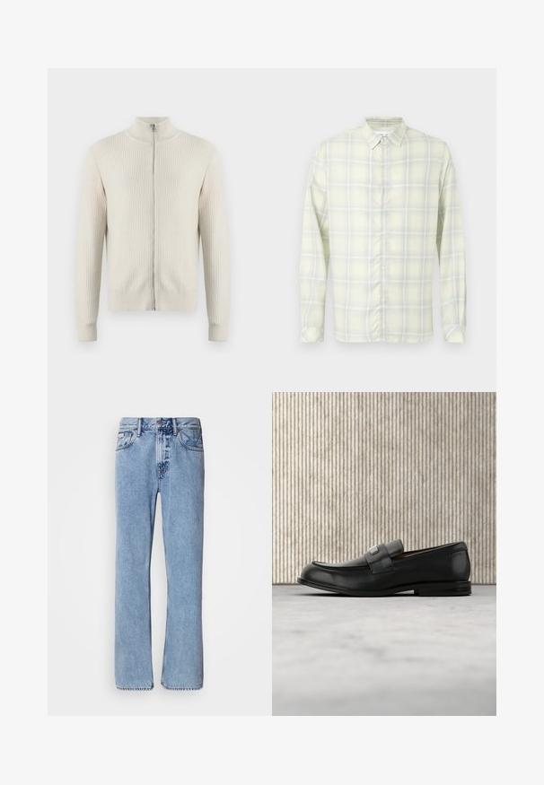 Samsøe Samsøe ADEM ZIP - Chaqueta de punto - off white; Camisa de cuadros amarilla clara de manga larga con botones y cuello, mostrada extendida sobre un fondo blanco.; Jeans de mezclilla azul claro con un diseño de pierna recta, cinco bolsillos y cierre de botón. Detalles de costura cerca de los bolsillos y la cintura.; Mocasín de cuero negro con una placa metálica de marca apoyado cerca de una mesa redonda marrón sobre un suelo alfombrado beige.