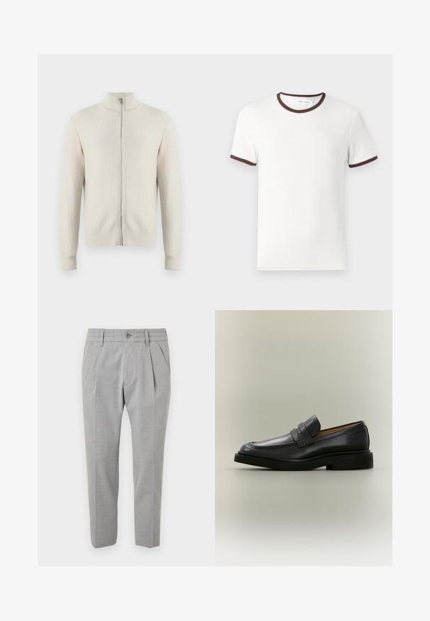 Samsøe Samsøe ADEM ZIP - Cardigan - off white; Hvid T-shirt med korte ærmer og brun ribbet halsudskæring samt ærmekanter, fremstillet af blødt bomuldsstof. Enkel og klassisk design.; Grå skræddersyede bukser med en glat tekstur, der har et plisseret design, frontlommer, bæltestropper i taljen og en knaplukning.; Sort læder herreloafer med lav hæl og en remdetalje over vristen, vist i profil på en neutral baggrund.