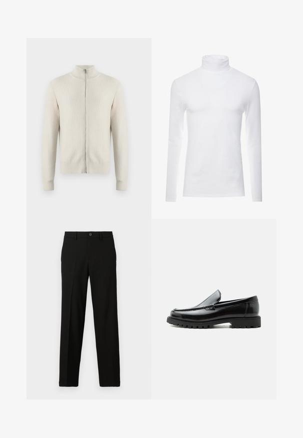 Samsøe Samsøe ADEM ZIP - Chaqueta de punto - off white; Camisa de cuello alto de manga larga blanca, hecha de un tejido suave y elástico. Presenta un diseño ajustado que proporciona una silueta estilizada.; Pantalones negros de tejido suave, con un corte recto, cierre de botón en la cintura y sin patrones ni detalles visibles.; Mocasín de cuero negro con suela de goma gruesa, empeine cosido y nombre de la marca en relieve en el talón, mostrado en perfil lateral sobre fondo blanco.