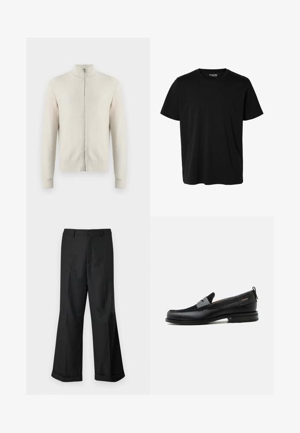 Samsøe Samsøe ADEM ZIP - Chaqueta de punto - off white; Camiseta negra lisa de manga corta y cuello redondo con corte de hombre, sin patrones ni logotipos visibles en el delantero.; Pantalones anchos negros con cintura abotonada y dobladillos con puños, exhibidos sobre un fondo blanco liso.; Mocasín de cuero negro con detalle de tira gris, tacón bajo y suela texturizada, con la marca "HUGO" en oro en el lateral.