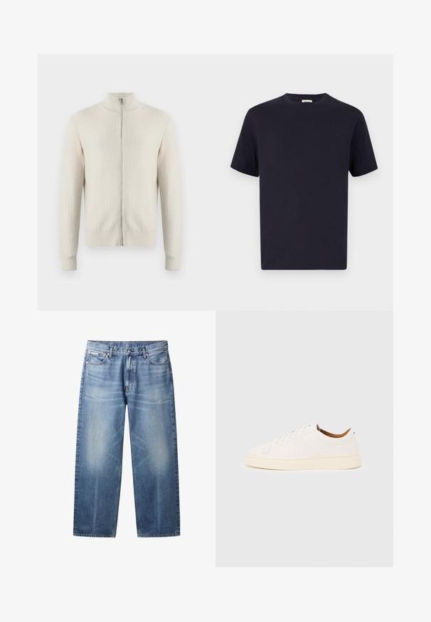 Samsøe Samsøe ADEM ZIP - Chaqueta de punto - off white; Camiseta de algodón azul marino con escote redondo, manga corta y corte relajado; textura suave; sin patrones o elementos metálicos visibles.; Vaqueros rectos de pierna en azul claro con zonas descoloridas, cinco bolsillos, cierre de botones y etiqueta Calvin Klein en el bolsillo delantero derecho.; Zapatilla blanca de corte bajo con diseño de cordones, detalles mínimos de costuras y suela color crema sobre un fondo gris claro.