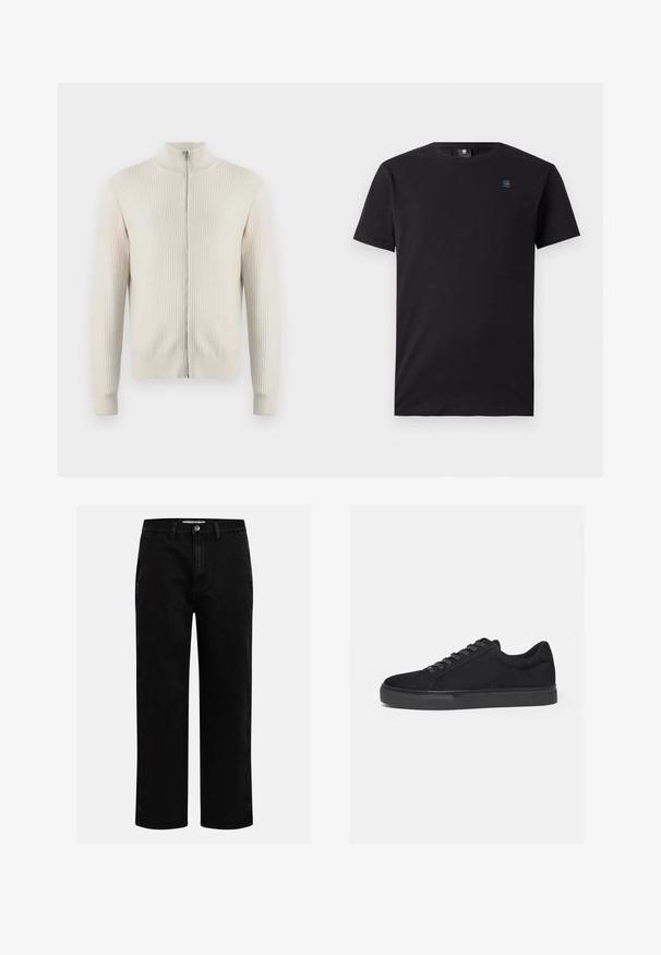 Samsøe Samsøe ADEM ZIP - Kardigán - off white; Čierne tričko s krátkym rukávom vyrobené z mäkkej bavlny. Má klasický okrúhly výstrih a malú modrú nášivku na hrudi. Hladký povrch a klasický strih.; Čierne džínsové nohavice so strihom rovného nohu, klasickým dizajnom s piatimi vreckami a gombíkovým zapínaním v páse. Hladká textúra a odolná tkanina.; Čierny nízky športový topánok s predným šnurovaním a plochou gumovou podrážkou, zobrazený z boku na bielom pozadí.