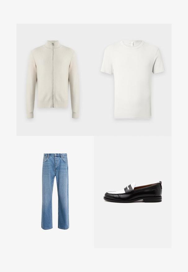 Samsøe Samsøe ADEM ZIP - Cardigan - off white; Hvid kortærmet T-shirt med rund hals lagt fladt på en lysgrå baggrund med en lille stofmærkat ved kraven.; Lyseblå denim jeans med lige ben-design, fem lommer, knaplukning, minimal falming og kontraststingdetaljer.; Sort-hvid læderloafer med syning, lav hæl og slip-on design, vist fra siden på en ensfarvet baggrund.
