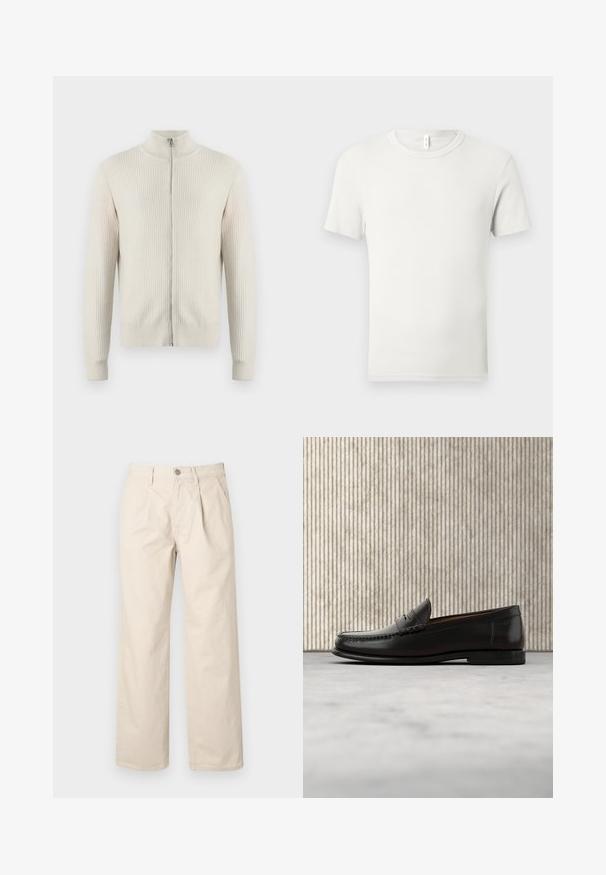 Samsøe Samsøe ADEM ZIP - Chaqueta de punto - off white; Camiseta blanca lisa de manga corta y cuello redondo, extendida sobre una superficie gris claro, con una pequeña etiqueta de tela en el cuello.; Pantalones de pierna ancha beige con cintura alta, que cuentan con pliegues frontales, cierre con botón en la parte delantera y una suave tela de algodón.; Mocasín penny de cuero negro con tacón bajo, punta redondeada y detalles cosidos en la parte delantera y los laterales, mostrado sobre un fondo neutro.