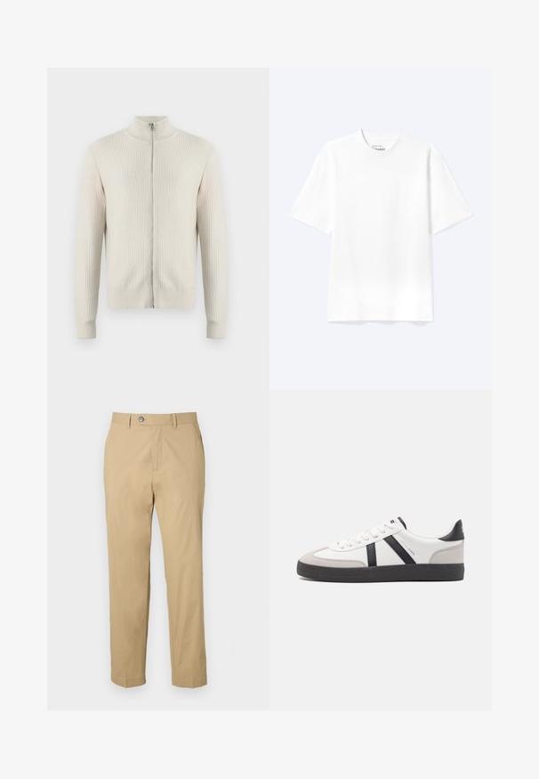 Samsøe Samsøe ADEM ZIP - Chaqueta de punto - off white; Camiseta lisa blanca de manga corta y cuello redondo con un corte relajado, mostrada sobre un fondo claro.; Pantalones beige de mezcla de algodón con un diseño de pierna recta, bolsillos frontales y cierre de botón. Textura suave y dobladillos con puños.; Zapatilla blanca con acentos en negro y gris, que presenta una puntera texturizada en gris, suela de goma negra y cordones planos blancos. Diseño limpio, estilo minimalista.