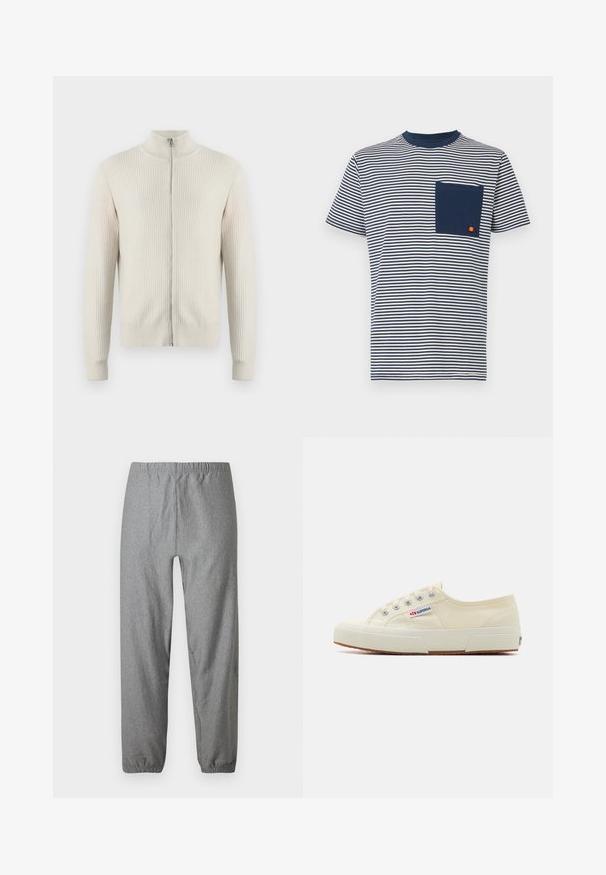 Samsøe Samsøe ADEM ZIP - Kardigán - off white; Ellesse HIRST TEE - Tričko s potlačou - navy; Sivé, ľahké nohavice s elastickým pásom, mierne zúženými nohavicami a elastickými lemami. Hladká textúra s jemným vzorom.; Béžové plátené tenisky s nízkym profilom, kovovými očkami a gumovou podrážkou. Obsahujú textúrovaný vzor a detail loga na boku.