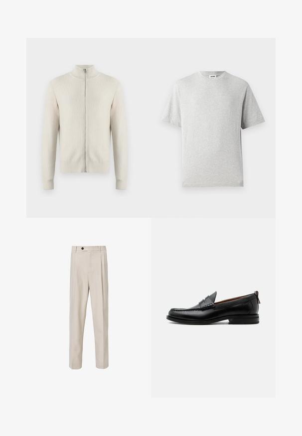Samsøe Samsøe ADEM ZIP - Cardigan - off white; Grå kortærmet t-shirt lavet af blødt stof. Har rund hals, afslappet pasform og ingen mønstre eller logoer. Glat tekstur hele vejen igennem.; Beige skræddersyede bukser med lige ben-design, der har frontplisseringer, knaplukning og en glat tekstur.; Sort læder herre loafer med moc-tå syning, penny strop, struktureret krave og lav stablet hæl på hvid baggrund.