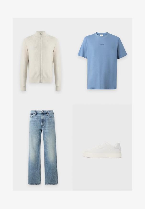 Samsøe Samsøe ADEM ZIP - Chaqueta de punto - off white; Camiseta de algodón de color azul claro con mangas cortas, cuello redondo y sutil logotipo de "Calvin Klein" en negro en el pecho. Textura suave.; Vaqueros de mezclilla azul claro de corte recto con cintura alta, cinco bolsillos, cierre de botón y sutil desgaste en los muslos y las rodillas.; Zapatilla blanca con parte superior de sintético suave, punta redonda y suela blanca plana. Presenta costuras tonales y un branding minimalista en el costado.