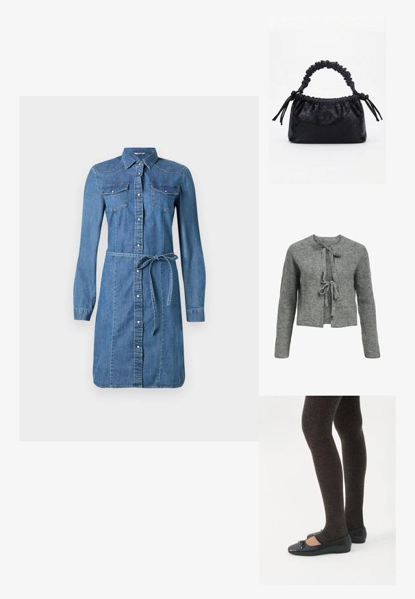 Pull en tricot gris avec un col rond, des manches longues et une fermeture à liens à l'avant. La texture est côtelée, créant une apparence chaleureuse.; Robe chemise en denim, bleu clair, manches longues, devant à boutons, deux poches poitrine, ceinture amovible, avec ourlet arrondi et accents de couture.; Jambes portant des leggings côtelés foncés associés à des ballerines noires avec de petits détails en nœud sur fond blanc.; Sac à main noir avec texture crocodile, bord supérieur froncé, poignée plissée et pompons à cordon de chaque côté sur fond blanc.
