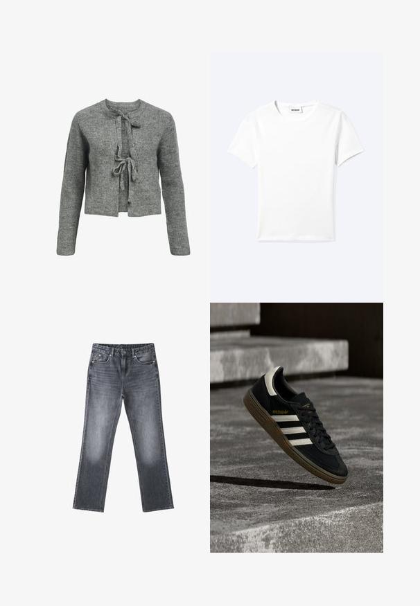 Pull en tricot gris avec un col rond, des manches longues et une fermeture à liens à l'avant. La texture est côtelée, créant une apparence chaleureuse.; T-shirt blanc uni à manches courtes et col rond avec une petite étiquette "WEEKDAY" à l'intérieur de l'encolure, présenté à plat sur un fond clair.; Jean droit en denim gris foncé avec finition délavée, bouton et fermeture éclair à l’avant, style cinq poches sur fond blanc.; Baskets Adidas noires avec des bandes blanches et une semelle en gomme flottant au-dessus d'escaliers en béton gris sous une lumière naturelle.