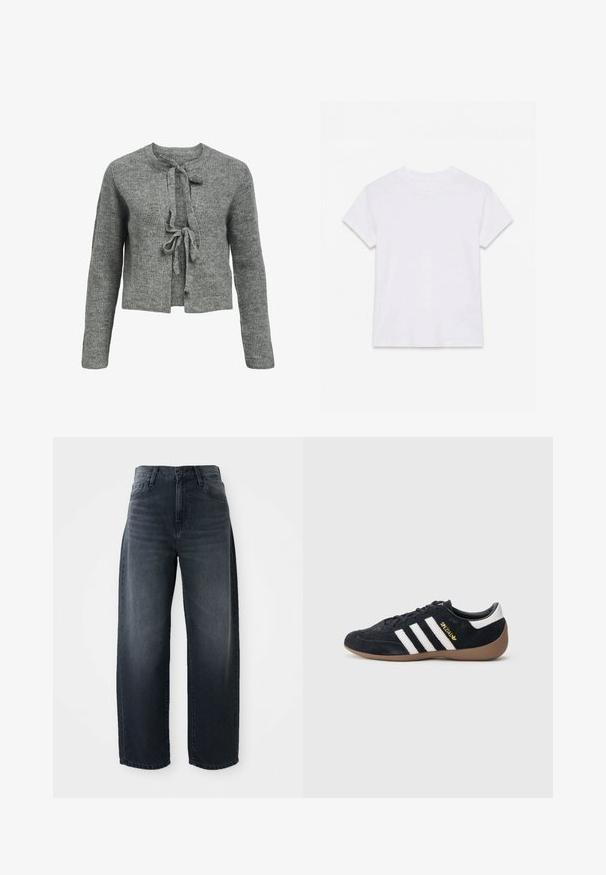 Pull en tricot gris avec un col rond, des manches longues et une fermeture à liens à l'avant. La texture est côtelée, créant une apparence chaleureuse.; T-shirt en coton blanc uni à manches courtes et col rond, étalé à plat sur un fond blanc.; Jeans évasés en denim indigo, avec une taille haute, une fermeture classique à bouton et glissière, et un délavage subtil sur le devant.; Baskets en daim noir avec trois bandes blanches, semelle en caoutchouc beige, et un petit logo doré sur le côté. Dotées d'une doublure intérieure noire lisse.