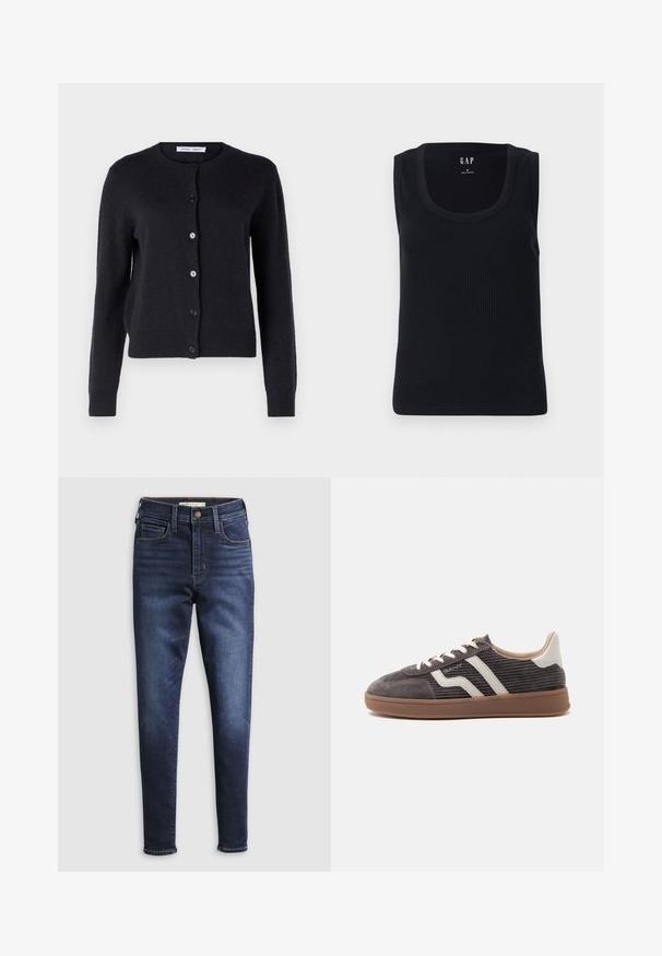 Mørkeblå strikket cardigan med rund halsudskæring, lange ærmer og seks frontknapper. Blødt materiale og tætsiddende design.; Sort ribbet tanktop med rund halsudskæring, ærmeløs design og tætsiddende silhuet. Mærket er vist i den øverste midte.; Mørkeblå jeans med slim fit, der har høj talje, fem lommer og kontrasterende syninger. Glat denimtekstur og standard bæltestropper.; Enkel mørkegrå sneaker med hvide læderdetaljer, teksturerede sider, hvide snørebånd og en brun gummisål, vist fra siden på en ensfarvet baggrund.