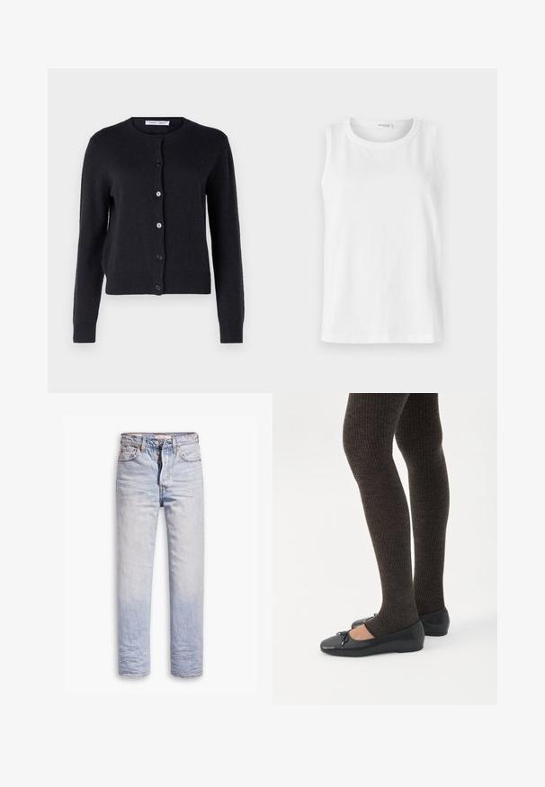 Cárdigan de punto azul marino con cuello redondo, mangas largas y seis botones frontales. Textura suave y diseño ajustado.; Top sin mangas blanco hecho de algodón suave. Presenta un escote redondo y un corte recto. Diseño liso sin patrones o acentos visibles.; Jeans de denim azul claro con un diseño de pierna recta, que cuentan con un cierre de botón, cinco bolsillos y un ligero desgastado a lo largo de las piernas.; Piernas con leggings oscuros acanalados combinados con bailarinas negras que presentan pequeños detalles de lazo sobre un fondo blanco.