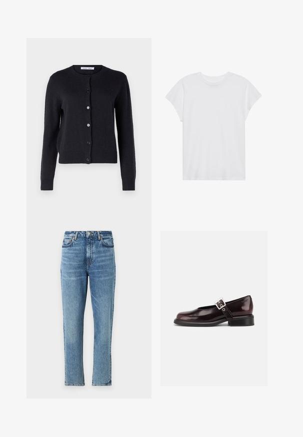 Mørkeblå strikket cardigan med rund halsudskæring, lange ærmer og seks frontknapper. Blødt materiale og tætsiddende design.; Hvid kortærmet t-shirt med rund hals, afslappet pasform, lavet af blødt bomuldsstof. Glat tekstur, ingen mønstre eller logoer.; Lyseblå denimjeans med høj talje, lige ben og slidt tekstur. Udstyret med sølvhardware og kontrasterende syninger.; En enkelt blank mørk burgunder Mary Jane sko med bred rem og sølvspænde, lav blokhæle og rundet tå på hvid baggrund.