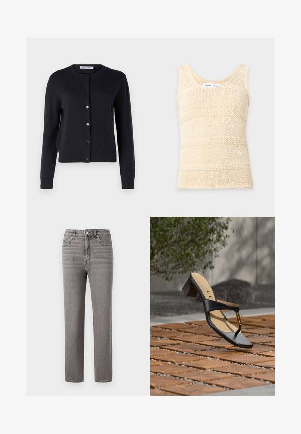 Mørkeblå strikket cardigan med rund halsudskæring, lange ærmer og seks frontknapper. Blødt materiale og tætsiddende design.; Kremfarvet ærmeløs strikket tanktop med tekstureret horisontalt stribet mønster og rund halsudskæring.; Grå denim jeans med en lige snit-design, mellemhøjt talje, fem lommer og subtile lodrette syningsdetaljer. Glat tekstur og letvægts.; Sort hælsandal med tå-loop og gyldent accent, placeret på en træ- og stenbelagt overflade udendørs nær grønne områder.