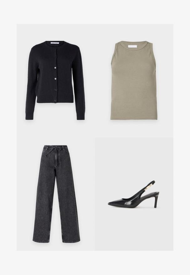 Mørkeblå strikket cardigan med rund halsudskæring, lange ærmer og seks frontknapper. Blødt materiale og tætsiddende design.; Ribbet tanktop i olivengrøn med rund halsudskæring og ærmeløs design. Fremstillet af blødt, elastisk materiale med en tætsiddende pasform.; Højtaljede, brede ben sorte denim jeans med snørelukning. Har en falmet tekstur og subtile syninger.; Sort læder slingback højhælede sko med spidse tæer, glat overflade og en smal ankelrem med guldfarvede hardware detaljer.