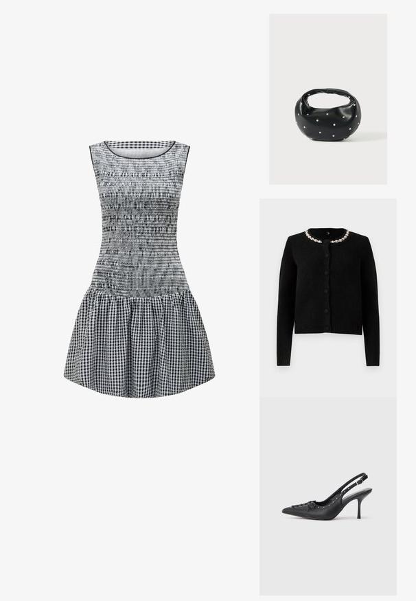 Schwarze Strickjacke mit langen Ärmeln, Rundhalsausschnitt und Knopfverschluss. Verfügt über einen dekorativen Kragen aus silberner Kette. Weicher Griff.; Schwarz-weißer Karodress mit tailliertem Oberteil, gerüschter Textur und ausgestelltem Rock. Einfacher runder Ausschnitt und ärmelloses Design.; Schwarzer Leder-Slingback-Stiletto mit spitzem Zehenaufsatz, seitlichem Schnallenriemen, Nieten entlang der Kante und dekorativer Schnürung vorne.; Schwarze Lederhandtasche mit abgerundeter Form, verziert mit silbernen Nietenakzenten und kurzem Griff. Glatte Struktur und Reißverschlussverschluss.