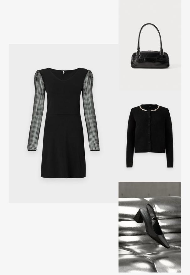 Schwarze Strickjacke mit langen Ärmeln, Rundhalsausschnitt und Knopfverschluss. Verfügt über einen dekorativen Kragen aus silberner Kette. Weicher Griff.; Schwarzes Kleid mit V-Ausschnitt und transparenten langen Ärmeln, die mit kleinen schwarzen Pünktchen versehen sind. Knielang und mit taillierter Passform.; Schwarzer Slingback-Absatz mit spitz zulaufender Spitze, der eine strukturierte Oberfläche und einen massiven Blockabsatz aufweist. Auf einem glänzenden, metallischen Hintergrund platziert.; Schwarze Lederhandtasche in rechteckiger Form, mit einem stabilen Griff, silbernem Zubehör und Reißverschluss. Glatte Textur.
