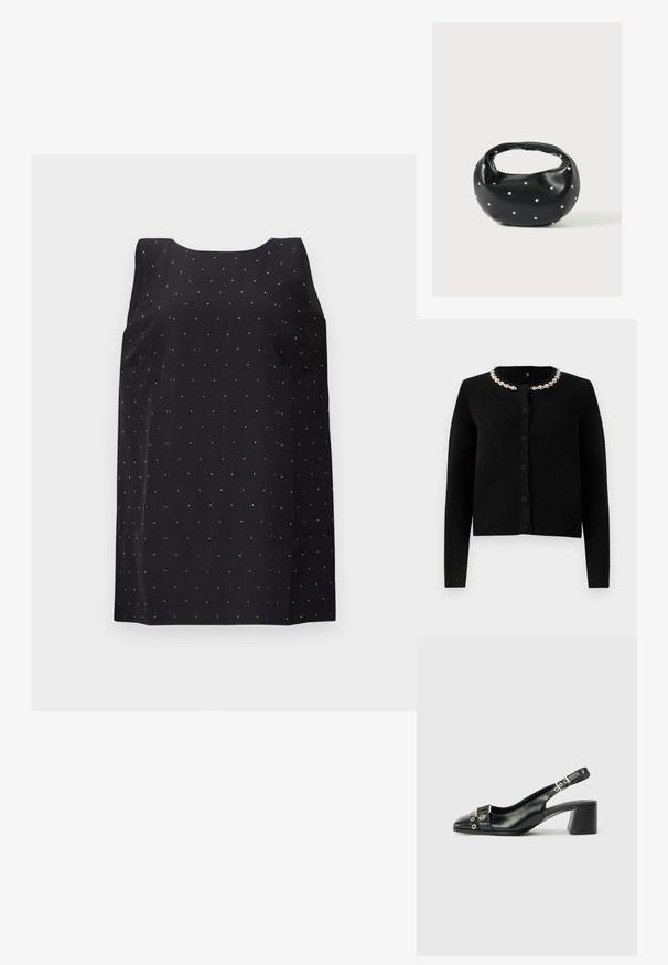 Schwarze Strickjacke mit langen Ärmeln, Rundhalsausschnitt und Knopfverschluss. Verfügt über einen dekorativen Kragen aus silberner Kette. Weicher Griff.; Schwarzes ärmelloses Kleid mit rundem Ausschnitt, das ein verstreutes Muster aus kleinen, glänzenden silbernen Punkten auf dem Stoff zeigt.; Schwarze Leder-Slingback-Pumps mit spitzem Vorderteil, strukturiertem Riemen mit runden metallischen Akzenten und gestapeltem Blockabsatz.; Schwarze Lederhandtasche mit abgerundeter Form, verziert mit silbernen Nietenakzenten und kurzem Griff. Glatte Struktur und Reißverschlussverschluss.
