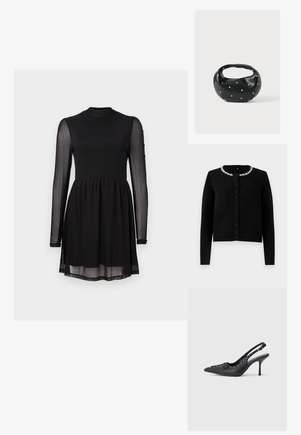 Cárdigan negro de punto con mangas largas, cuello redondo y cierre con botones. Presenta un cuello decorativo de cadena plateada. Textura suave.; Vestido negro con un cuerpo ajustado, mangas largas y transparentes, y una falda acampanada. El escote es alto y la tela es suave con un ligero brillo.; Sandal de tacón stiletto negro de cuero con punta afilada, correa lateral con hebilla, tachuelas a lo largo del borde y cordones decorativos en la parte delantera.; Bolso de mano de cuero negro con forma redondeada, decorado con detalles de tachuelas plateadas y un asa corta. Textura lisa y cierre con cremallera.