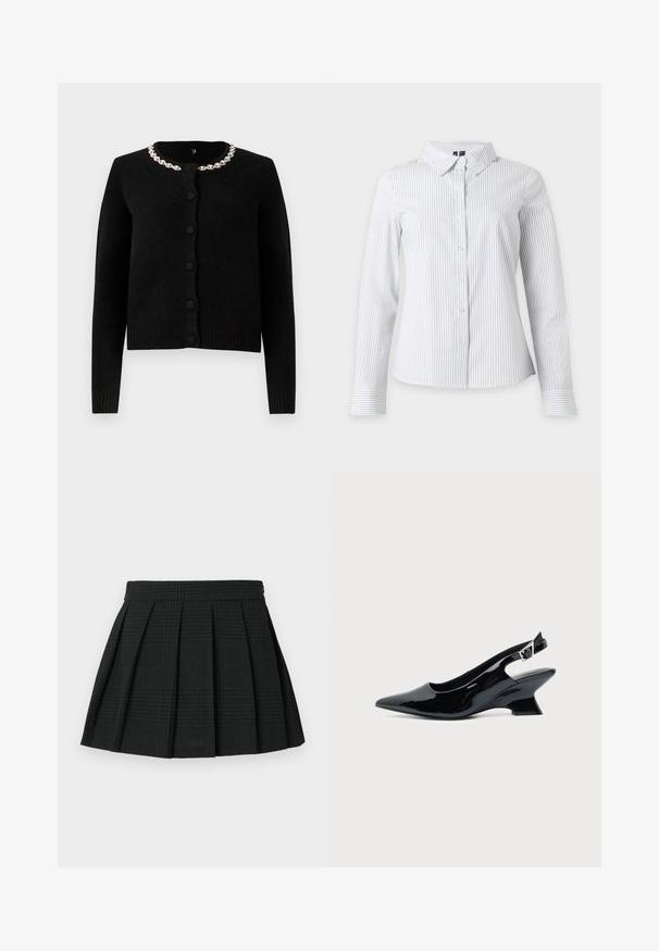 Cárdigan negro de punto con mangas largas, cuello redondo y cierre con botones. Presenta un cuello decorativo de cadena plateada. Textura suave.; Camisa blanca de manga larga con botones, con delgadas rayas verticales negras y cuello puntiagudo, mostrada sobre un fondo blanco.; Falda corta de pliegues negra hecha de tela texturizada. Presenta una cinturilla y un sutil patrón de cuadros en toda la prenda. Longitud corta con pliegues en capas.; Zapato slingback de cuero charol negro con puntera puntiaguda y tacón bajo en bloque inclinado sobre fondo claro liso.