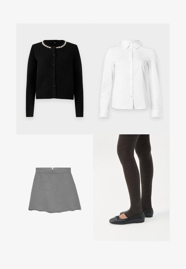 Zwarte gebreide cardigan met lange mouwen, ronde hals en knoopsluiting. Heeft een decoratieve kettingkraag van zilver. Zachte textuur.; Witte blouse met lange mouwen en knopen, met puntige kraag, rechte zoom en aansluitende silhouet, weergegeven op een effen lichte achtergrond.; Grijze rok van zachte stof, met een hoge taille, uitlopende vorm en een verborgen rits aan de achterkant.; Benen met donkere geribbelde leggings gecombineerd met zwarte ballerina's met kleine strikdetails op een witte achtergrond.