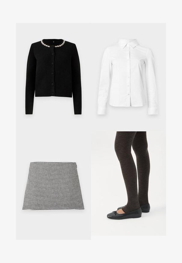 Sort strikket cardigan med lange ærmer, rund halsudskæring og knaplukning. Har en dekorativ krave af sølvkæde. Blød tekstur.; Hvid skjorte med lange ærmer, knapper, spids krave, lige kant og tætsiddende silhuet, vist på en ensartet lys baggrund.; Sort og hvid ternet A-formet mininederdel med lynlås i siden på en ensfarvet baggrund.; Ben iført mørke ribbede leggings kombineret med sorte balletsko med små sløjfedetaljer på hvid baggrund.
