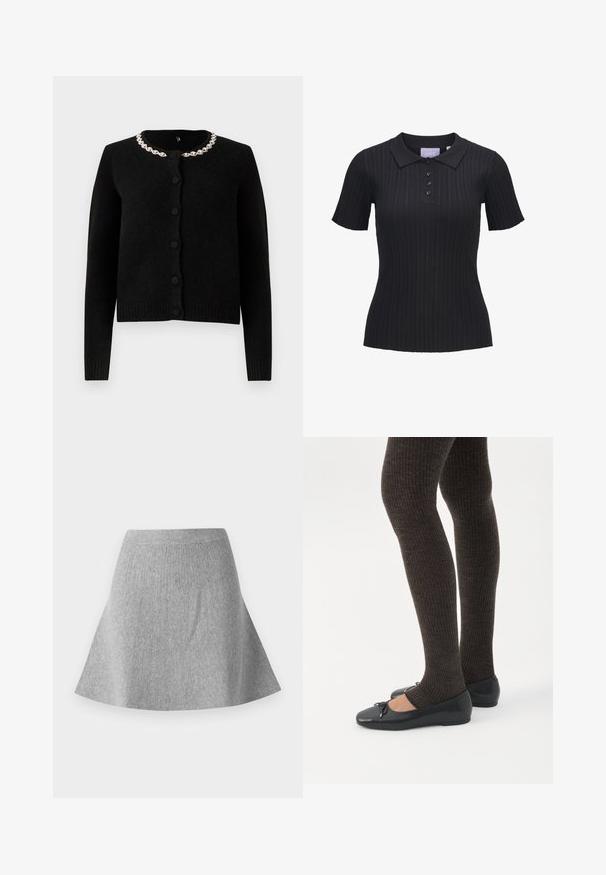 Sort strikket cardigan med lange ærmer, rund halsudskæring og knaplukning. Har en dekorativ krave af sølvkæde. Blød tekstur.; Sort kortærmet ribstrikket polo i strik med fire knapper og traditionelt krave.; Grå, strikket sømdnederdel med en tekstureret finish. Har en taljeing og en glat silhuet, der smalner ind mod kanten.; Ben iført mørke ribbede leggings kombineret med sorte balletsko med små sløjfedetaljer på hvid baggrund.