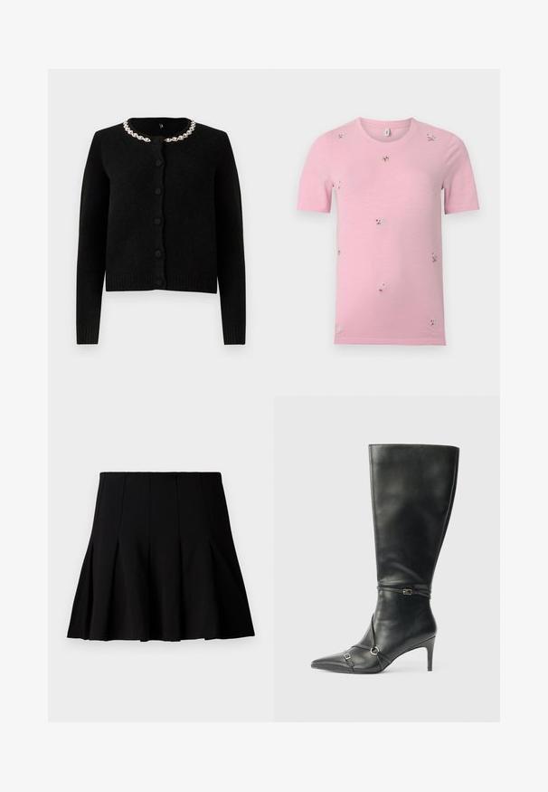 Sort strikket cardigan med lange ærmer, rund halsudskæring og knaplukning. Har en dekorativ krave af sølvkæde. Blød tekstur.; Lyserød t-shirt med korte ærmer og små, spredte broderede blomster i forskellige farver, rund halsudskæring, ensfarvet baggrund.; Sort kort plisseret nederdel lavet af et glat stof. Har en elastisk talje og en flagrende silhuet, der når til midten af låret.; Sorte knæhøje støvler i læder med en slank hæl, spids tå og remdetaljer ved anklen. Glat tekstur og tætsiddende design.