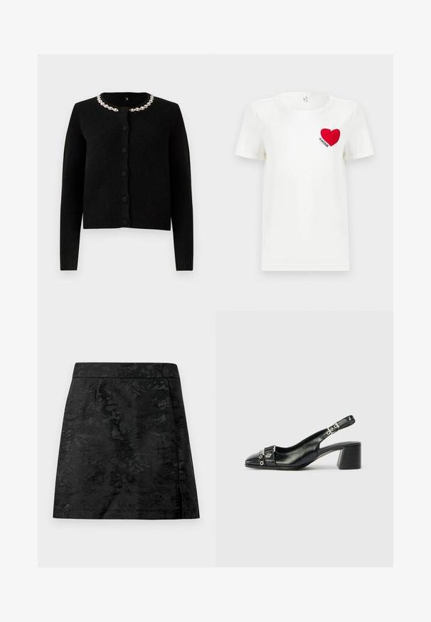 Zwarte gebreide cardigan met lange mouwen, ronde hals en knoopsluiting. Heeft een decoratieve kettingkraag van zilver. Zachte textuur.; Witte T-shirt met korte mouwen met een rode hart en het woord "AMOUR" gedrukt op de linkerkant van de borst.; Zwarte rok met een bloemenpatroon, gladde textuur en een getailleerde pasvorm. Heeft een tailleband en een rechte snit met een lichte flare.; Zwart leren slingback hak met een spitse neus, eenTextuur strap met cirkelvormige metalen accenten en een gestapelde blokhak.