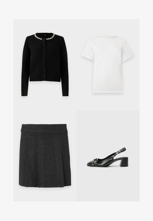 Cardigan noir en tricot avec des manches longues, un col rond et une fermeture à boutons. Équipé d'un collier décoratif en chaîne argentée. Texture douce.; T-shirt blanc à manches courtes avec un col rond orné d'une rangée de perles décoratives le long du col.; Jupe noire plissée en tissu texturé. Ceinture mi-haute avec des lignes épurées. Coupe classique adaptée à diverses occasions.; Sandale à talon en cuir noir avec un bout pointu, une sangle texturée ornée d'accents métalliques circulaires et un talon empilé.