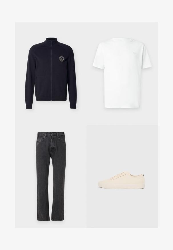 Veste zippée intégrale bleu marine avec col montant, deux poches avant et petit logo circulaire sur la poitrine gauche.; T-shirt en coton blanc avec col rond, manches courtes et un logo gris subtil sur la poitrine gauche. Texture lisse et légère.; Jean noir droit en denim avec fermeture à boutons et zip à l’avant, poches avant et arrière, présenté sur un fond blanc.; Baskets en toile beige avec bout arrondi, semelle en caoutchouc plate et lacets à l'avant. Présente un design minimaliste et un accent noir contrastant au niveau du talon.
