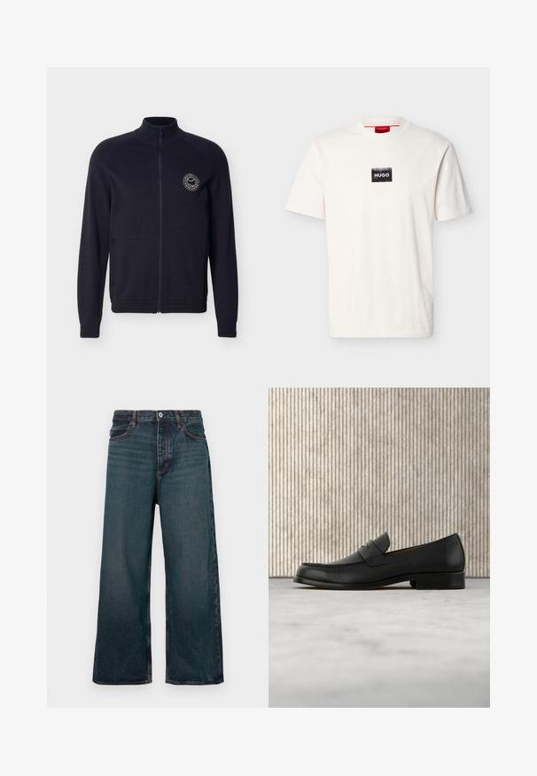 Veste zippée intégrale bleu marine avec col montant, deux poches avant et petit logo circulaire sur la poitrine gauche.; T-shirt blanc à manches courtes avec col rond, doté d'un petit patch rectangulaire noir et du texte blanc "HUGO" sur la poitrine.; Jean denim bleu foncé à jambe large avec fermeture à bouton avant, fermeture éclair et design à cinq poches, présenté sur un fond blanc.; Mocassin en cuir noir flottant au-dessus d'un tapis beige avec une table ronde brune brillante en arrière-plan.