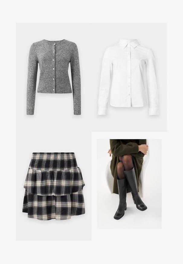 Cardigan en tricot gris avec manches longues, col rond et patte à six boutons. Présente un ourlet côtelé et une texture tout au long du tissu.; Chemise blanche à manches longues avec boutons, col pointu, ourlet droit et silhouette ajustée, présentée sur un fond clair uni.; Jupe à volants à carreaux noir et blanc avec taille smockée. Avec des couches froncées et une texture douce en coton.; Bottes en cuir noires arrivant au genou, avec un bout carré et un talon carré, présentées sur un modèle assis dans un manteau vert olive. Texture lisse, détails minimaux.