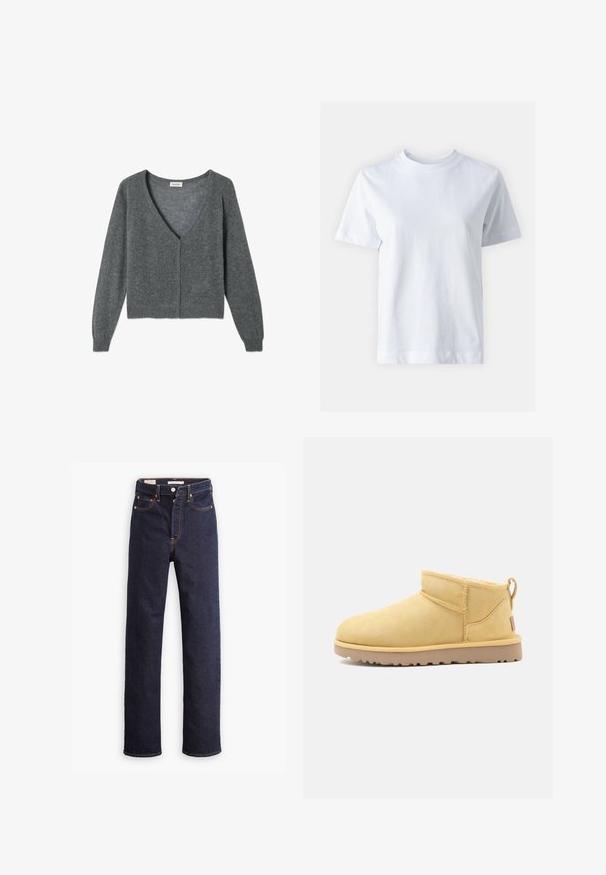 Suéter cardigans gris hecho de una tela suave, con un profundo escote en V, mangas largas, cierre frontal de botones y detalles de dobladillo acanalados.; T-shirt de algodón blanco con cuello redondo, mangas cortas, corte recto y textura suave. Sin patrones ni adornos.; Jeans de mezclilla rectos de color azul oscuro con cinco bolsillos y costuras naranjas visibles sobre un fondo blanco.; Botín corto de ante beige con suela de goma plana, costuras visibles y lengüeta en la parte trasera sobre un fondo liso.