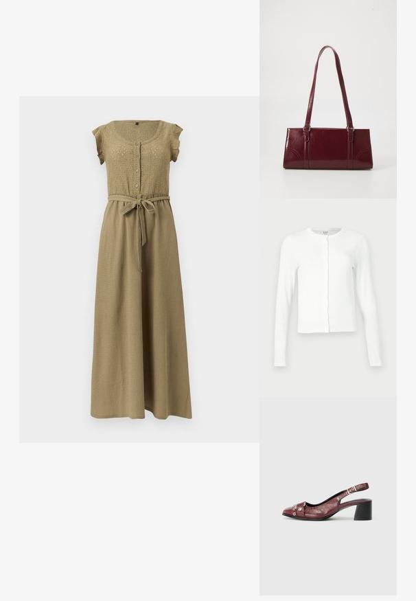 Cardigan blanc à manches longues, à boutons, avec un col rond, coupe slim et étiquette discrète de la marque GAP à l'intérieur du col.; Robe maxi marron clair à manches courtes, corsage boutonné avec détails en œillets, et ceinture à nouer à la taille.; Chaussure slingback en cuir bordeaux avec un bout arrondi, un design incurvé, des accents en métal argenté et un talon bloc. Finition texturée.; Sac à main bordeaux en matériau brillant, de forme rectangulaire, avec deux anses et des accents légèrement courbés à l'avant.