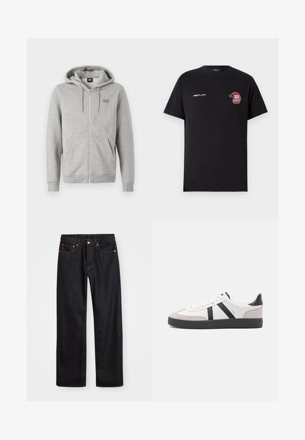 Grijze zip-up hoodie gemaakt van een zachte katoenmix. Heeft een verstelbare capuchon, twee voorzakken en een klein logo op de borst.; Replay SHORT SLEEVE GRAPHIC - T-shirt print - black; Heren straight-leg zwarte denim jeans met vijf zakken en oranje stiksels, knoop- en ritssluiting op de voorkant van de tailleband.; Witte sneaker met zwarte en grijze accenten, voorzien van een grijze neus met textuur, zwarte rubberen zool en platte witte veters. Schoon ontwerp, minimalistische stijl.