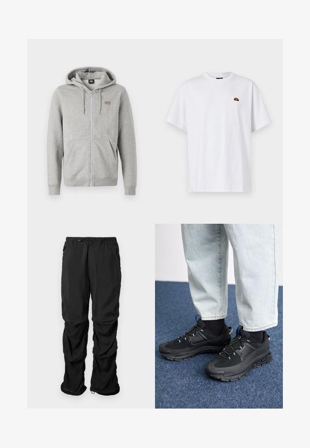 Sudadera con cremallera en color gris, hecha de una suave mezcla de algodón. Presenta un capucha con cordón, dos bolsillos frontales y un pequeño logo en el pecho.; Camiseta de algodón blanca con mangas cortas y cuello redondo. Un pequeño logo multicolor está bordado en el lado izquierdo del pecho.; Pantalones de utilidad negros de tejido ligero, con cintura elástica, cordones ajustables y bolsillos laterales, presentan un corte relajado.; Zapatillas deportivas negras con tejido texturizado y suelas de goma, con cordones elásticos y un acento azul en el talón. Combinadas con pantalones de mezclilla claros.