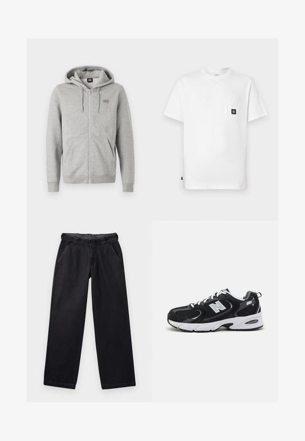 Sivý zipsový hoodie vyrobený z mäkkej bavlnenej zmesi. Obsahuje kapucňu so šnúrou, dve predné vrecká a malé logo na hrudi.; Biele bavlnené tričko s okrúhlym výstrihom, krátkymi rukávmi a náprsným vreckom s čiernou logovou nášivkou. Hladká textúra, uvoľnený strih.; Čierne nohavice s širokými nohavicami vyrobené z pevných materiálov, s plochým pásom, dvoma bočnými vreckami a hladkou textúrou.; Čierne a šedé športové topánky s hornou časťou z mikrovlákna a zamatu, s bielou medzipodrážkou, šnúrkami a výrazným logom "N" na boku.