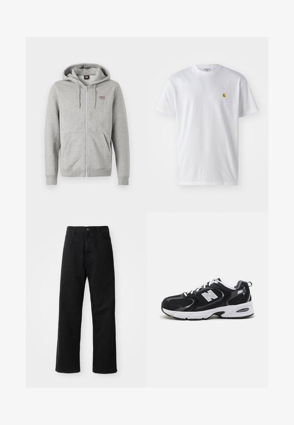 Sudadera con cremallera en color gris, hecha de una suave mezcla de algodón. Presenta un capucha con cordón, dos bolsillos frontales y un pequeño logo en el pecho.; Camiseta de algodón blanca con mangas cortas, cuello redondo, que presenta un pequeño logo dorado en la parte izquierda del pecho. Textura suave y corte regular.; Pantalones de mezclilla negros con corte recto, con bolsillos frontales, cremallera y un solo botón en la parte superior. Tejido texturizado con un acabado mate.; Zapatillas deportivas en negro y gris con parte superior de malla y ante, que cuentan con una entresuela blanca, cordones y un llamativo logo "N" en el lateral.