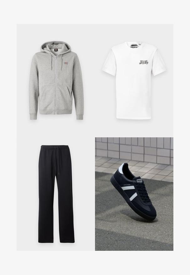 Grijze zip-up hoodie gemaakt van een zachte katoenmix. Heeft een verstelbare capuchon, twee voorzakken en een klein logo op de borst.; Wit T-shirt met korte mouwen en ronde hals, met een klein zwart "Pepsi-Cola" logo op de linkerkant van de borst en een merklabel in de nek.; Abercrombie & Fitch ESSENTIAL BAGGY OPEN HEM CASUAL - Trainingsbroek - black; Zwarte leren sneaker met witte strepen, een gestructureerde rubberen zool en vetersluiting aan de voorkant. Voorzien van een merklabel op de tong.