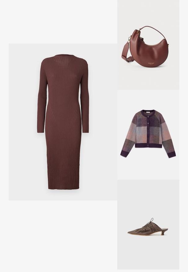 Gebreide cardigan in schakeringen van paars, grijs en beige, met een geruit patroon, ronde hals en een knoopsluiting aan de voorkant.; Lange geribde jurk in een diepe bruine kleur. Heeft een hoge halslijn en lange mouwen met een getailleerde pasvorm. De textuur is gebreid.; Bruine leren muil met een puntige neus, geraffineerde textuur, kleine hak en een trekkoordaccent bij de opening. Vlotte afwerking.; Bruine leren handtas in halve maanvorm met gouden ritssluiting en verstelbare schouderriem op een witte achtergrond.